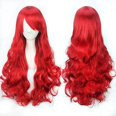Abbildung von Colorfulpanda lange gewellte Cosplay Rot perücke für frauen volles haar mit pony lockige synthetische mädchen anime Halloween kostüm party Perücke,80cm