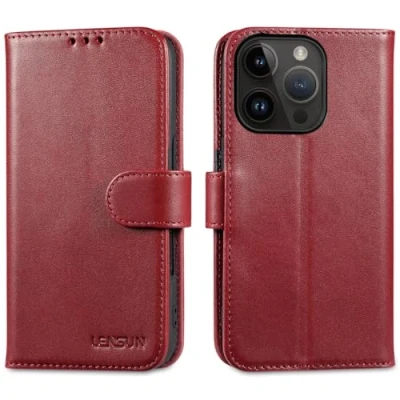 Abbildung von LENSUN Echtleder Hülle für iPhone 16 Pro, Handyhülle Echt Leder [Magnetverschluss][Kartenfach] Handytasche Lederhülle Klappbar Kompatibel mit Pro 5G Weinrot