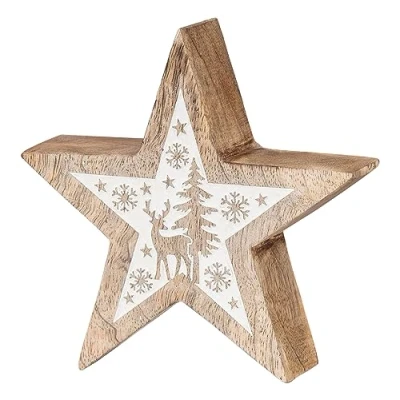 Abbildung von levandeo Deko Stern Holz 14cm Natur Weiß Mango Winter Tischdeko Mangoholz Holzdeko Aufsteller Unikat Holzstern Weihnachten