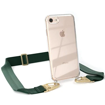 Abbildung von EAZY CASE Hülle mit Band kompatibel iPhone SE 2022 / 2020, 7/8 Handyhülle Umhängeband Silikonhülle Transparent Schutzhülle Handykette zum Umhängen Handykordel in Grün Gold