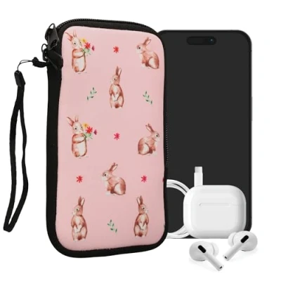 Abbildung von kwmobile Handytasche für Smartphones L 6,5&quot; Neopren Handy Tasche Hülle Cover Case Schutzhülle Hasen und Blumen Weiß Braun Hellrosa 16,5 x 8,9 cm Innenmaße