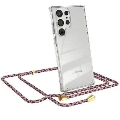 Abbildung von EAZY CASE Handykette kompatibel mit Samsung Galaxy S23 Ultra Kette zum Umhängen für Hülle Band aus Silikon transparente Handyhülle als Fallschutz in Rot Camouflage