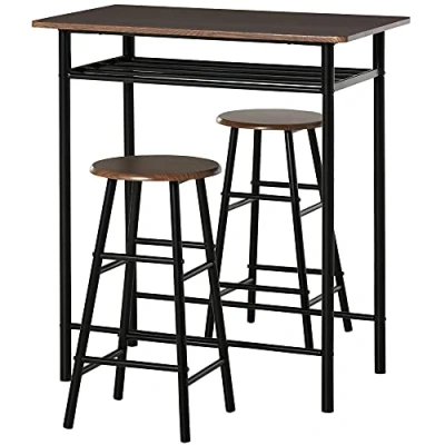 Abbildung von HOMCOM Bartisch Set 3 teilig Esstisch mit 2 Barhocker Essgruppe Küchentisch und Stühle Stehtisch Lagerregal Metall 80 x 50 90 cm Schwarz