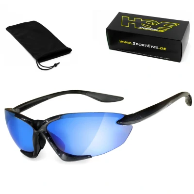 Abbildung von HSE® SportEyes® UV400 Schutzfilter, HLT® Kunststoff Sicherheitsglas nach DIN EN 166 Sportbrille, Radbrille, Sonnenbrille Brillengestell: schwarz, Brille: TR3