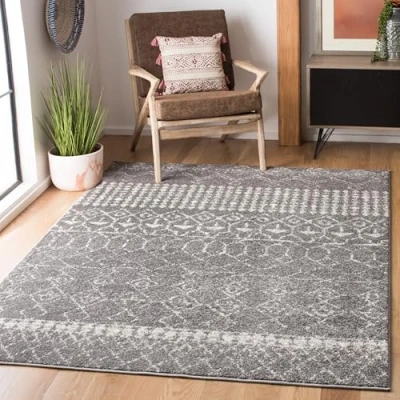 Abbildung von SAFAVIEH Boho Teppich für Wohnzimmer, Esszimmer, Schlafzimmer Tulum Collection, Kurzer Flor, Grau und Elfenbein, 122 X 183 cm
