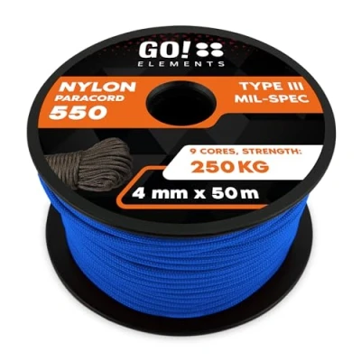 Abbildung von GO!elements 50m Paracord Seil aus reißfester Nylonschnur 4mm 550 Typ III Schnur geeignet als Allzweckseil &amp; Reepschnur Max. 250kg, Farbe: Blau