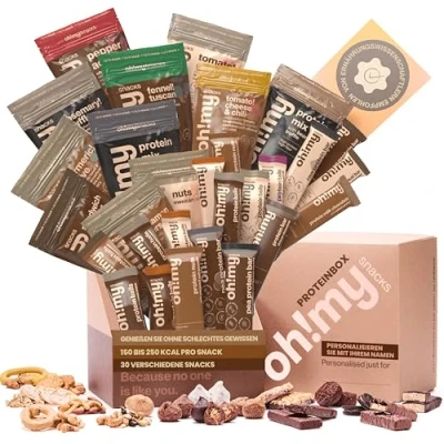 Abbildung von Oh!mysnacks Protein Geschenkkorb Snack Geschenkbox mit proteinreichen, kalorienarmen Snacks Gesunde für Erwachsene Auswahl an in einem luxuriösen (30 Snacks)