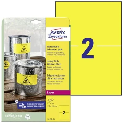 Abbildung von AVERY Zweckform L6130 20 Wetterfeste Folienetiketten (40 Signalaufkleber, 210x148mm auf A4, extrem stark selbstklebend, wasserfest, strapazierfähig, bedruckbare Outdoor Klebefolie) Blatt, gelb