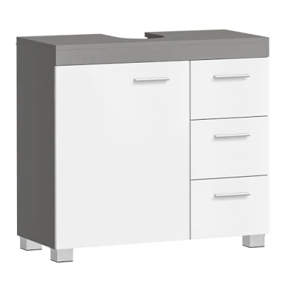 Abbildung von VASAGLE Waschbeckenunterschrank, Badezimmerschrank mit 3 großen Schubladen, Badschrank, 2 FÄcher hinter der TÜr, Badezimmer Unterschrank FÜßen, 30 x 70 64 cm, weiß zementgrau BBK503T49