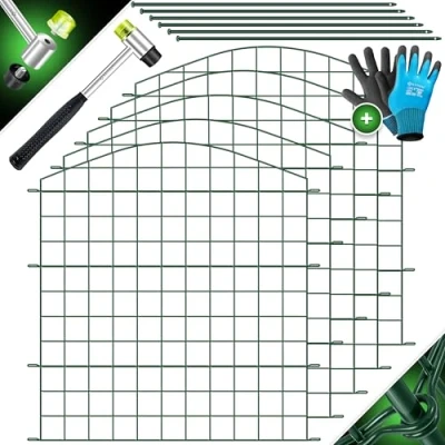 Abbildung von KESSER® Teichzaun Gartenzaun Steckzaun Komplettset Metall 5x Oberbogen Rund Inkl. Handschuhe, 1x Hammer + 6 Befestigungsstäben, Zaun zum stecken für Garten, Gitterzaun Set Freigehege Tiere