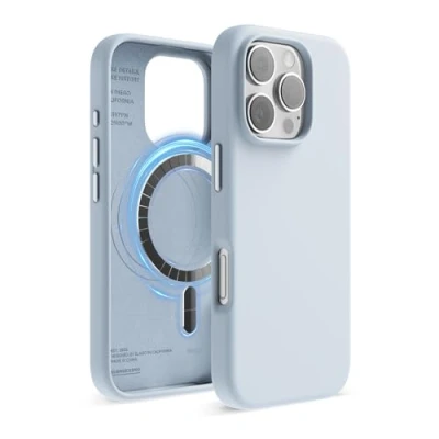 Abbildung von elago Magnetisch Silikon Hülle Kompatibel mit iPhone 16 Pro 6,3 Zoll, Allen MagSafe Zubehör Eingebaute Magnete, Soft Grip Silikon, Stoßfest (Hellblau)