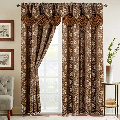 Abbildung von Elegant Comfort Vorhang Set in Jacquard Optik mit angenähtem Wasserfall Volant, 137 x 213 cm, Schokoladenbraun