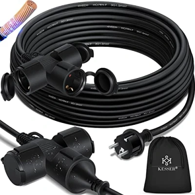 Abbildung von KESSER® Verlängerungskabel 15m Mehrfachstecker mit 3 x Schuko Stecker Schutzkappe Outdoor für Innenbereich Außenbereich Verlängerung Verteilerkabel 230 V IP44 Baustellenkabel Stromkabel