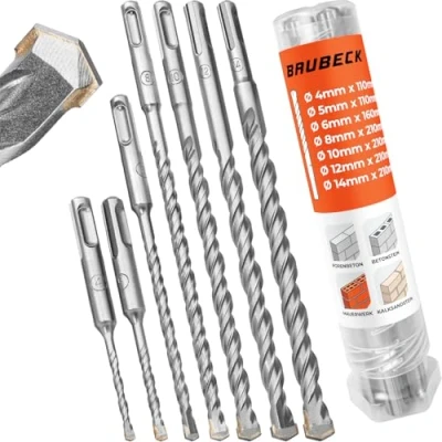 Abbildung von BAUBECK SDS Plus Bohrer Set für Beton [7tlg Ø4 14 bis zu 210mm lang] Langlebig und Robust aus 40CR Stahl Präzise Ergebnisse Schlagbohrer Stein Betonbohrer