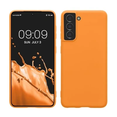 Abbildung von kwmobile Hülle kompatibel mit Samsung Galaxy S21 weiches TPU Silikon Case Cover geeignet für kabelloses Laden Fruity Orange