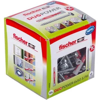Abbildung von fischer DuoPower 6 x 50 S PH, Universaldübel mit Panheadschraube, 2 Komponenten Dübel, Kunststoffdübel zur Befestigung in Beton, Ziegeln, Stein, Gipskarton uvm., Dübel + Schrauben