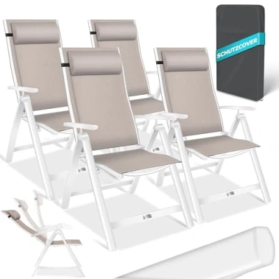 Abbildung von KESSER® Gartenstuhl Hochlehner mit Armlehnen 4er Set Aluminium Klappstuhl Kopfkissen &amp; Cover Campingstuhl 7 Fach Verstellbar Rückenlehne Atmungsaktiv Wetterfest Klappbar Anti Rutsch Taupe