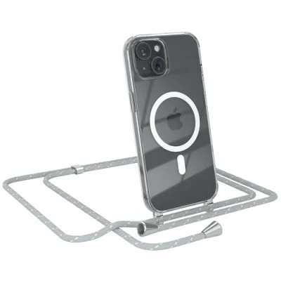 Abbildung von EAZY CASE Handykette kompatibel mit iPhone 15 Kette zum Umhängen Stoßfest Handyhülle für Silikon Hülle Band Handytasche Transparent als Fallschutz in Grau/Weiß Clips Silber