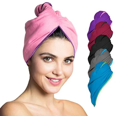 Abbildung von Fit Flip Haarturban Mikrofaser 2 Stück Haarhandtuch mit Knopf schnelltrocknend und saugstark Microfaser Kopf Turban Haar Handtuch (rosa lila)