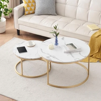 Abbildung von Ginhow Couchtisch Marmor Optik Satztische fürs Wohnzimmer ø 80 + 60 Groß Tisch Rund MDF Coffee Table Weiß Marmoroptik und Gold Stahl Gestell