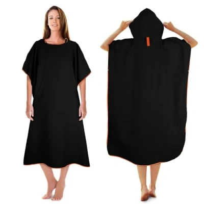 Abbildung von KUOGAS Badeponcho Damen&amp; Herren,Poncho Handtuch, Mikrofaser Surf Poncho, aus auch als Umkleidehilfe Strand (Schwarz,L)