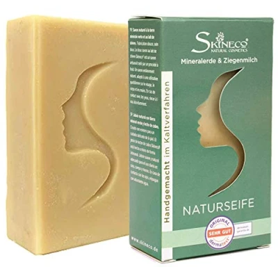 Abbildung von Skineco Naturseife nachhaltige Ziegenmilchseife mit grüner Mineralerde Stück Seife gegen unreine Mischhaut Körperseife handgemachte Naturkosmetik Gesicht Reinigung