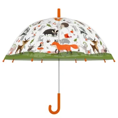 Abbildung von esschert design Stockregenschirm Kinder Regenschirm transparent mit WALDTIEREN und orangem Griff