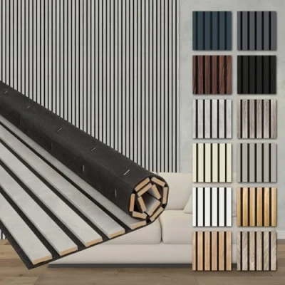 Abbildung von HEXIM Akustikpaneele Holz 278x60cm Holzpaneele Wand Lamellenwand flexibel MDF Wandpaneele TV Wandverkleidung Holzwand Deko Betonoptik (6 Paneele / 10,02 m² Chicago Concrete AP10)