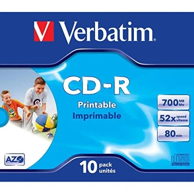 Abbildung von Verbatim CD R AZO Wide Inkjet Printable 700 MB, 10er Pack Jewel Case, Rohlinge, 52 fache Brenngeschwindigkeit mit langer Lebensdauer, leere CDs bedruckbar, Audio Rohling