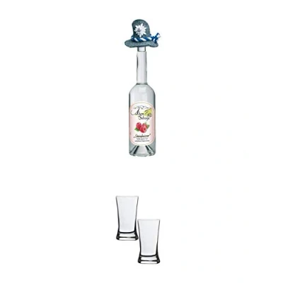 Abbildung von Alpenschnaps Steinbeisser Himbeere 0,5 Liter + Stölzle Shotglas/Stamper 2 Stück 2050021