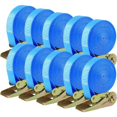 Abbildung von 10 Stück Spanngurte mit Ratsche, 6m Lange 25mm Ratschengurte, Robust Zurrgurte Set, Belastung 800 kg, für Ladungssicherung (Blau)