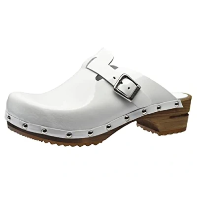 Abbildung von Sanita Krisla offener Clog Original handgemacht Leder Holzclogs für Damen Nachhaltige Sohle Weiß 37 EU