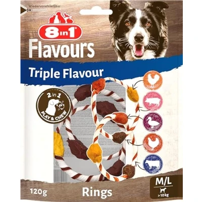 Abbildung von 8in1 Triple Flavour Rings M/L Snacks für Hunde Kausnacks zum Spielen und Kauen mit extra viel Fleisch, 120g Beutel (2 Doppelringe)