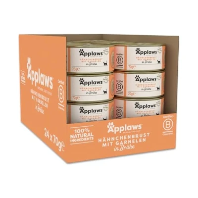 Abbildung von Applaws 100 % natürliches Nassfutter für ausgewachsene Katzen, Hähnchenbrust mit Garnelen in Brühe, 24 x 70 g Dosen