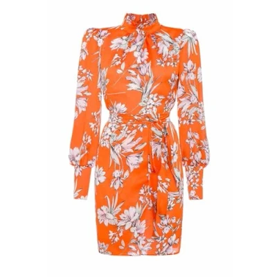 Abbildung von Swing Fashion Orangefarbenes Langärmeliges Geblümtes Minikleid Sabrina Größe 38 Ideal für Partys, Abendessen, Ausgehen mit Freunden