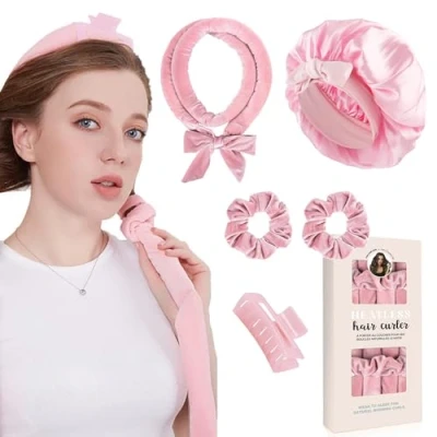 Abbildung von Locken Ohne Hitze,Samt Lockenwickler Über Nacht mit Schlafmütze, Hair Curler DIY Haare Lockenband Frisurenset,Lockenwickler Nacht,Heatless Curls Band für Langes Mittleres Haar Rosa