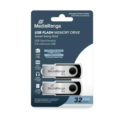 Abbildung von MediaRange USB 2.0 Speicherstick 32GB 2er Pack Mini Flash Laufwerk mit sicherem Drehkappengehäuse, externe Speichererweiterung Lesegeschwindigkeit von bis zu 17 MB/s, Farbe Schwarz