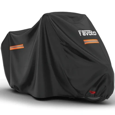 Abbildung von Favoto Motorradabdeckung Outdoor Wasserdicht Abdeckplane Motorrad Schutzhülle Abdeckung draußen Staubdicht Wetterfest mit Reflektionsstreifen Schwarz 295x102x122cm