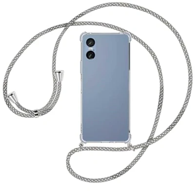 Abbildung von mtb more energy® Handykette kompatibel mit Sony Xperia 5 VI / 10 (6.1&#039;&#039;) weiß/grau kariert/Metallteile: Silber Smartphone Hülle zum Umhängen TPU Case