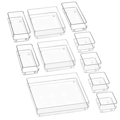 Abbildung von Puricon 10 Stück Schubladen Ordnungssystem/Organizer Plastik Schubladeneinsatz Tablett Veranstalter Aufbewahrungsbox für Make up Kosmetik Schminktisch Küche Schreibtisch Büro Transparent