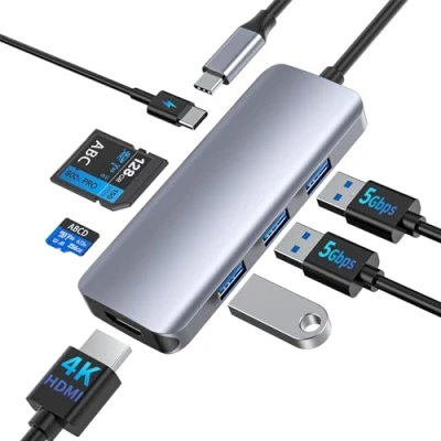 Abbildung von USB C Hub, 7 in 1 Adapter mit 4K@30Hz HDMI, 100W USBC Power Delivery, 3 3.0 5Gbps, SD/TF Karten Reader, für Mac Pro, iMac, iPad Pro/Air, Chromebook, Dell XPS, Samsung und mehr Typ Geräte