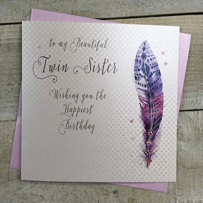 Abbildung von WHITE COTTON CARDS B216 TS Geburtstagskarte für die Zwillingsschwester, handgefertigt, verzierte Feder, Grau/Grün/Schwarz, 16 x cm