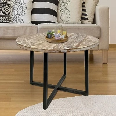 Abbildung von kreatives Wohnen Couchtisch rund 60 cm Wohnzimmer Tisch Beistelltisch Cannes Metall Gestell, Holz, Silbergrau weiß gekälkt, Extra breit