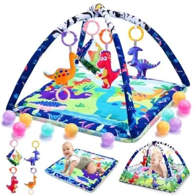 Abbildung von Dinosaurier Spielbogen Baby, 4 in 1 Spielmatte Baby mit Sensorisches Babyspielzeug Bälle Beißring Stofftier Buch, Spieldecke Spielzeug 0 6 18 monate Geschenk für Neugeborene