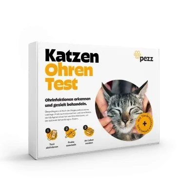 Abbildung von Pezz Ohrentest für Hunde zum Testen auf Ursachen von Ohreninfektionen (Milben, Bakterien &amp; Hefepilz) Abstrich Proben beiden Ohren Ergebnis als Labor Befund gratis Versand