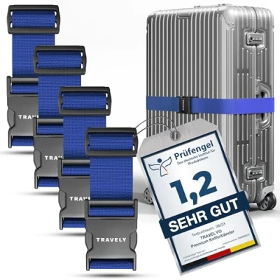 Abbildung von Travely® Premium Koffergurt Besonders Auffällig &amp; Sicher Inkl. 4 Namensschildern Gepäckband ideal über Kreuz [4er Set] Navy