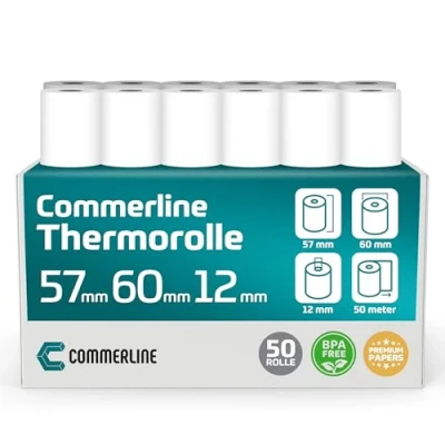 Abbildung von Commerline Thermorollen 57mm x 60mm 12mm, 50 Meter, Rolle, Ec rollen, Bonrollen gerät, Thermopapier, Kassenrollen