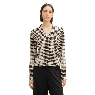 Abbildung von TOM TAILOR Damen Longsleeve mit V Ausschnitt, 36887 Beige Geometric Minimal, XXS
