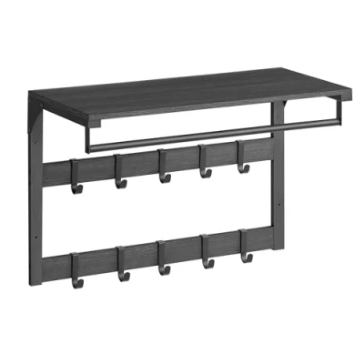 Abbildung von VASAGLE Wandgarderobe, mit Ablage, Wandregal 10 abnehmbaren Haken, Hängeregal, Wandmontage, 2 Garderobenleisten, Kleiderstange, für Flur, Schlafzimmer, Badezimmer, anthrazitgrau schwarz LCR101B04
