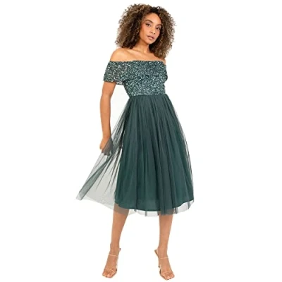 Abbildung von Maya Deluxe Damen Ladies Bardot Dresses For Women Midi High Empire Waist Sequins Embellished Formal Evenin Brautjungfernkleid, Emerald Green, 40 EU